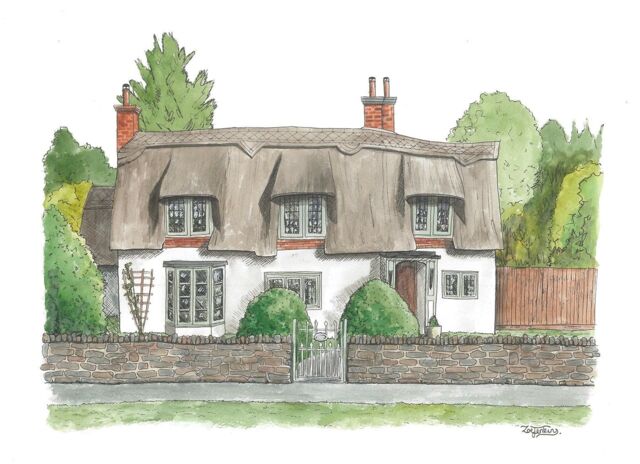 Cute Thatched Cottage Watercolour House Painting