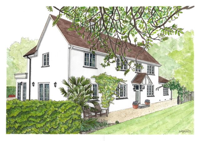 watercolour cottage and garden