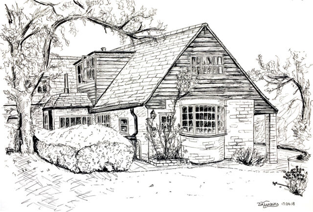 Black and white house line drawing