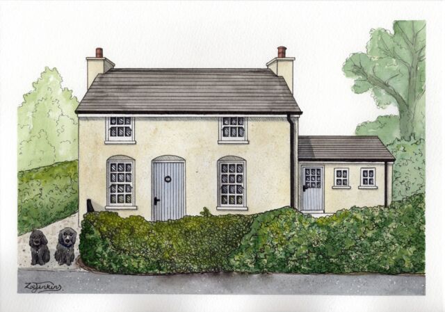 watercolour cottage with dogs